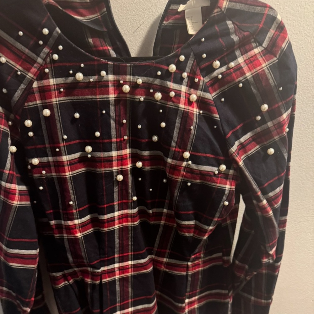 H&M Red and Black Plaid Blouse with Pearl Accents